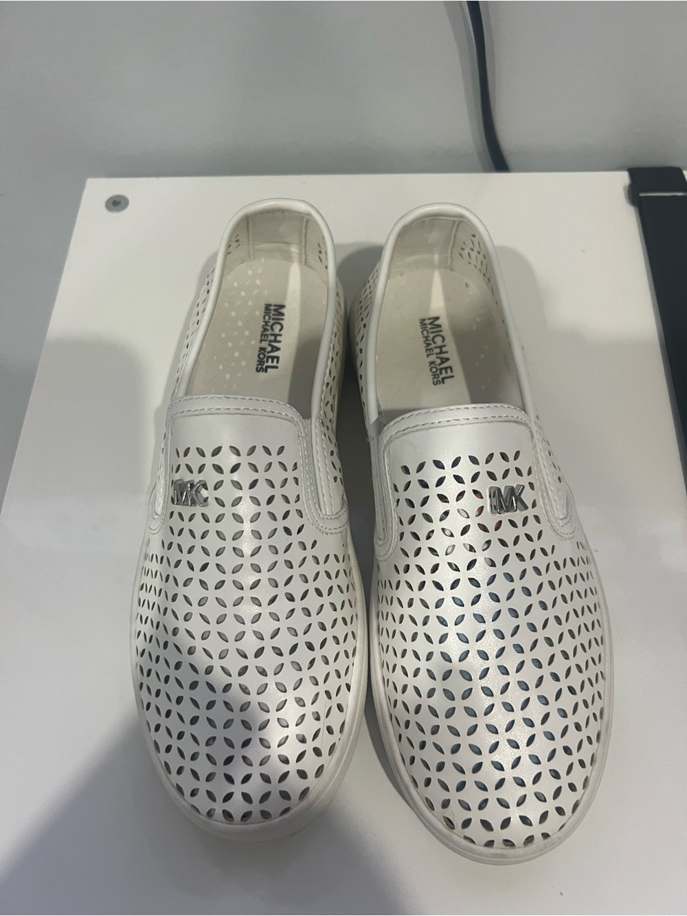 Michael Kors White Laser-Cut MK Slip-On Sneakers